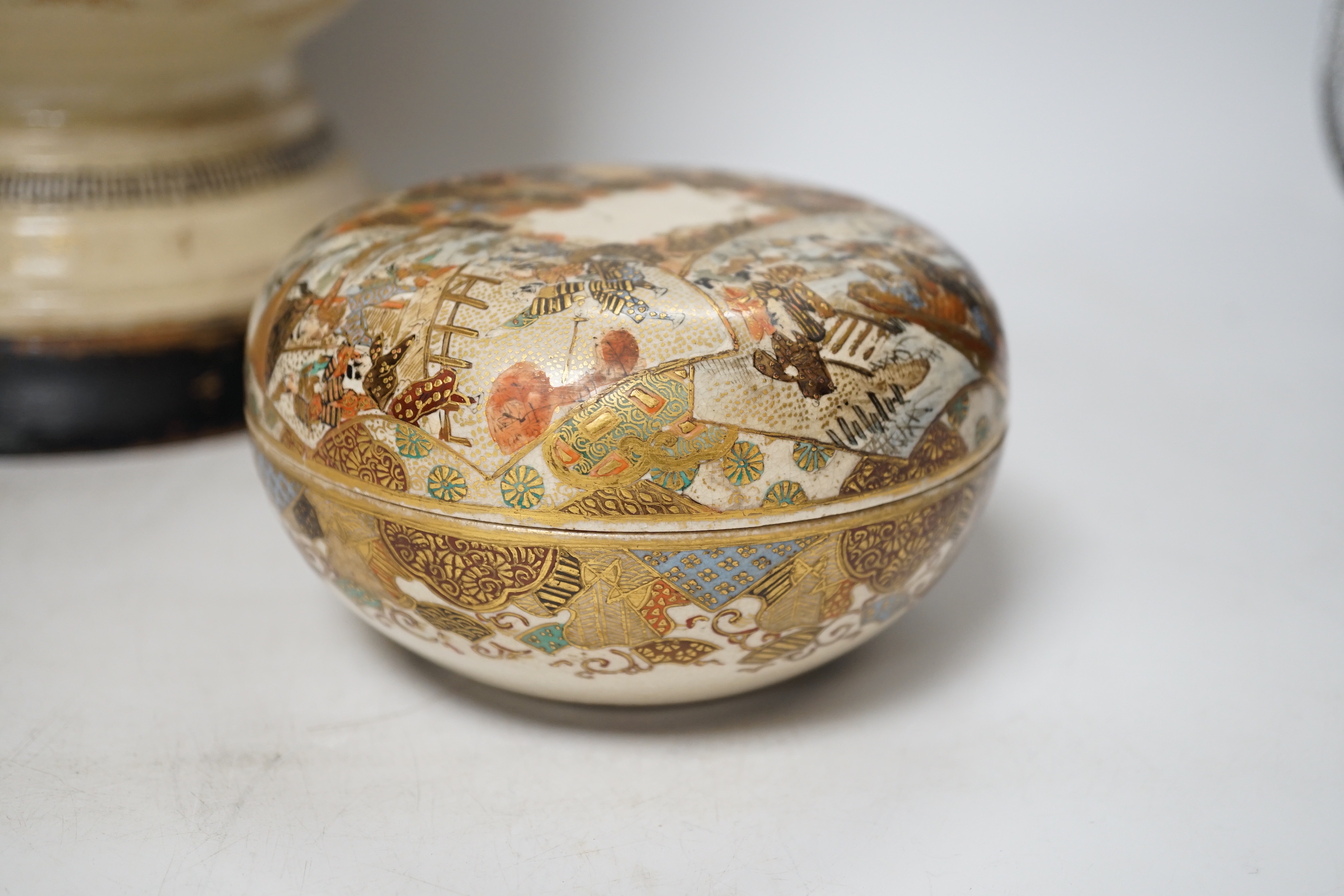 Two Japanese Satsuma pieces comprising lamp base and pot and cover, possibly Meiji period, largest 46cm high